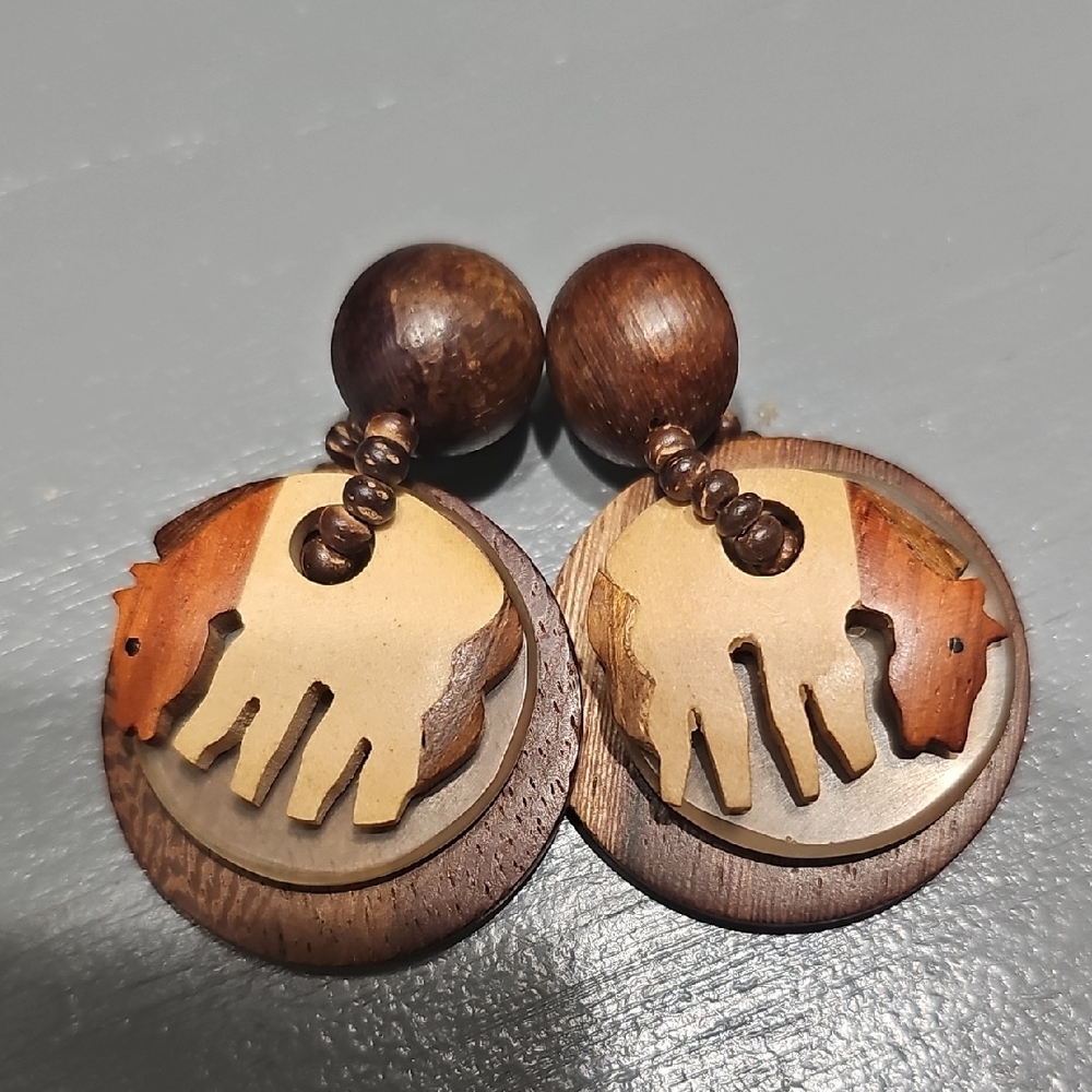Vintage Handcrafted Wooden Animal Horse Earrings Phillipines Women Accesories